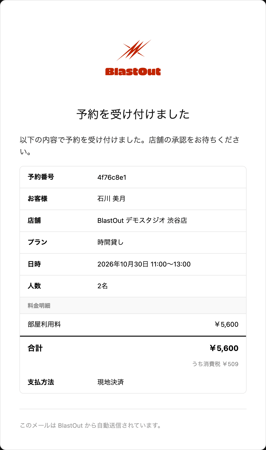 予約を受け付けましたのメール。店舗の承認をお待ちくださいという文と予約の内容