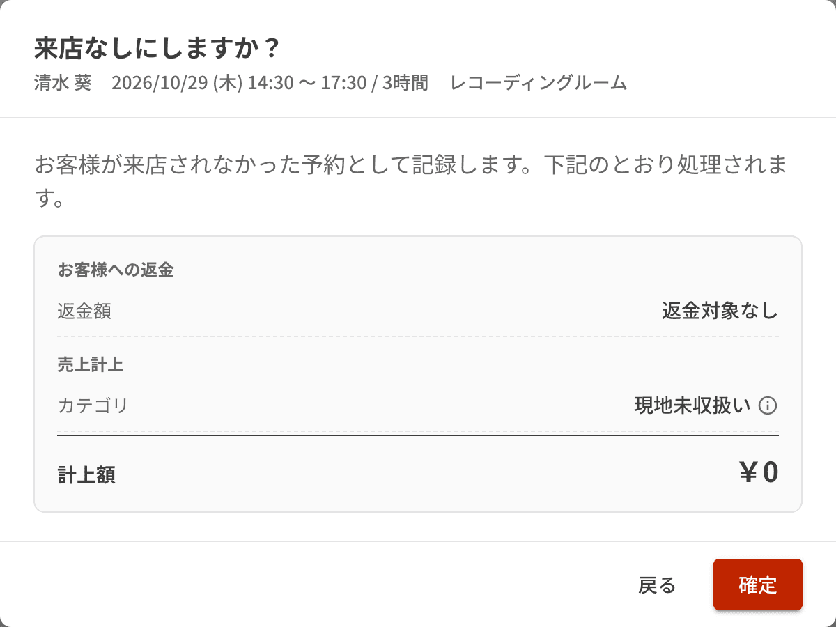 来店なしにするかの確認画面。お客様への返金額と、売上に計上する額