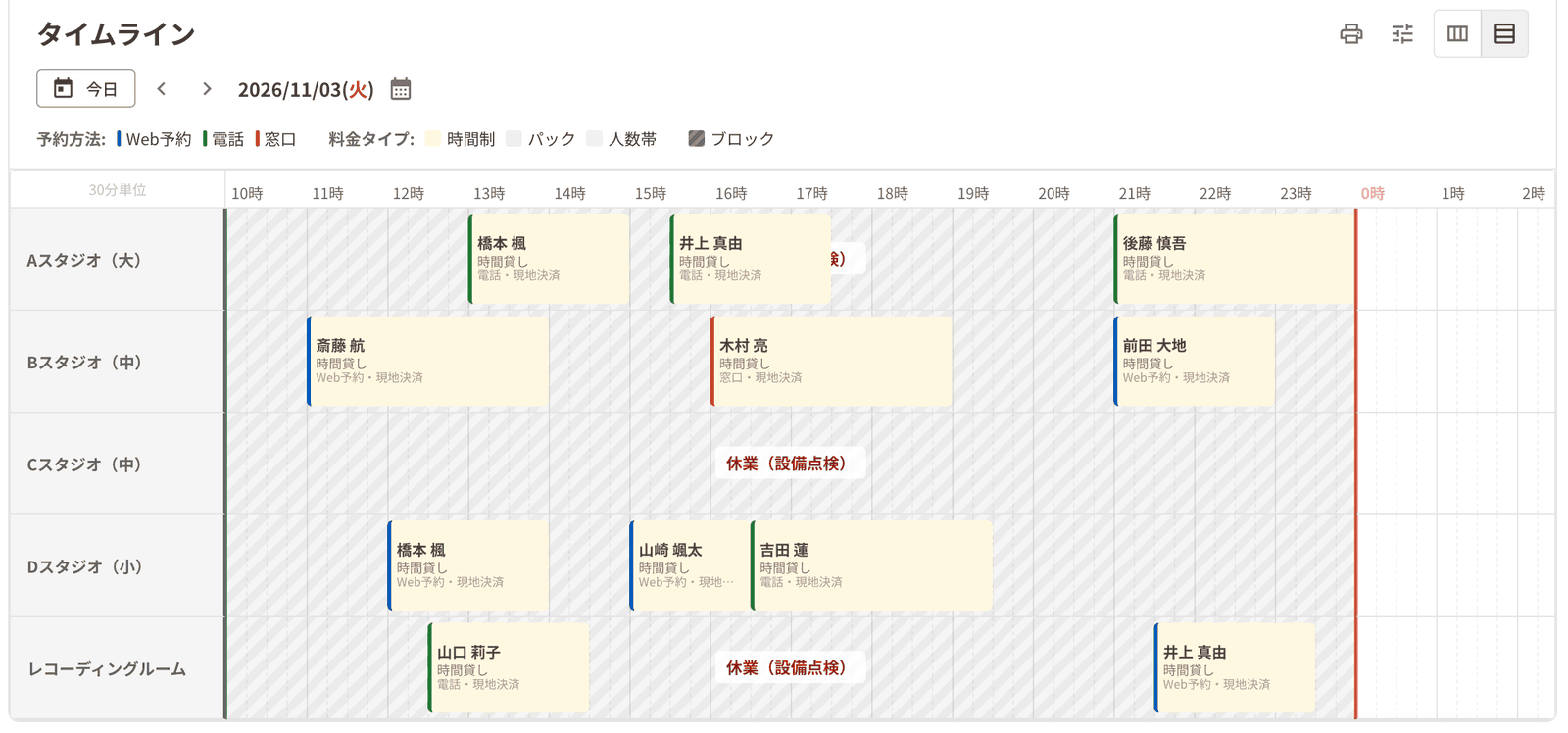 休業日の予約表。部屋の行に休業(設備点検)と出ている