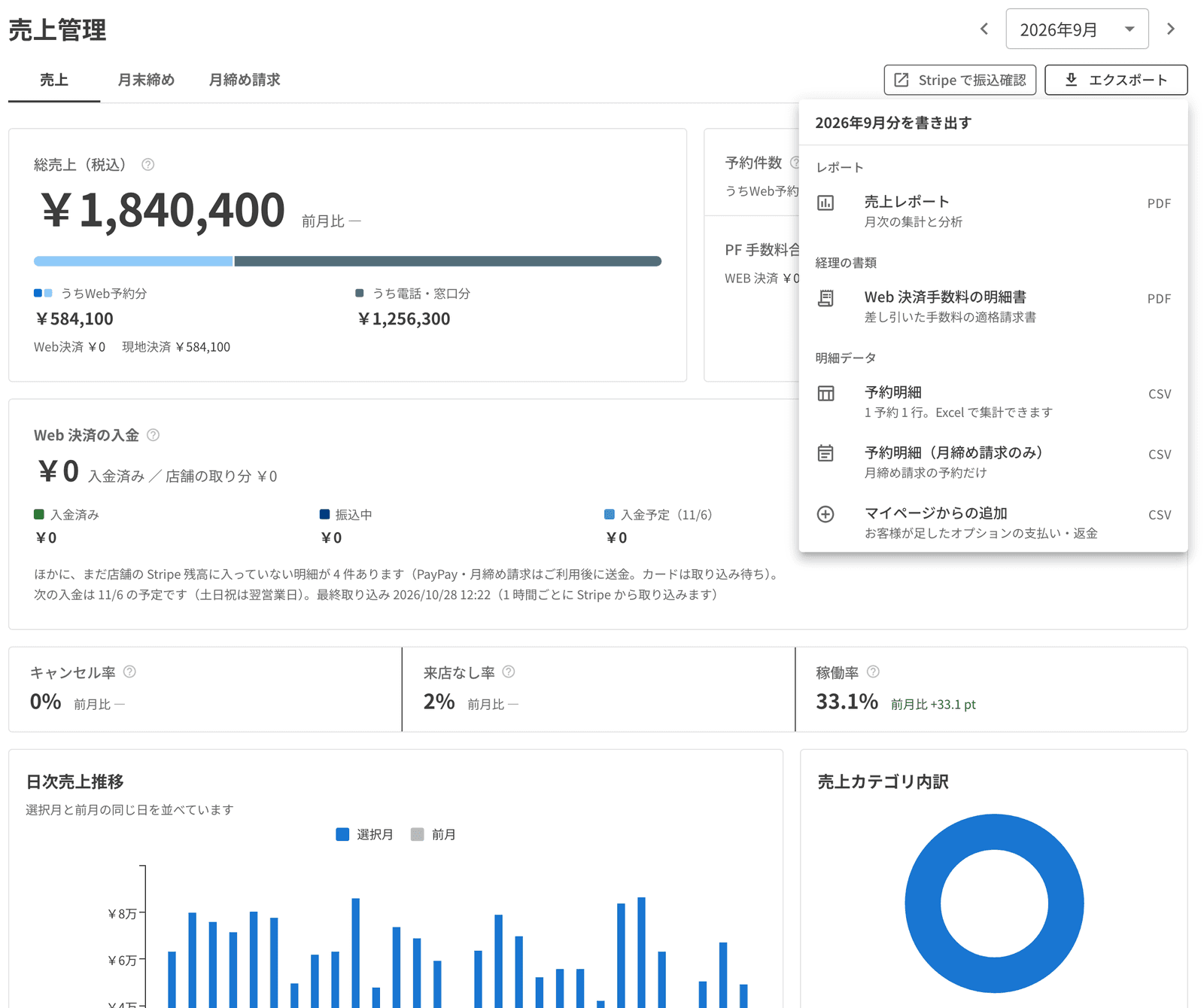 売上管理のエクスポートのメニューから、Web 決済手数料の明細書を選ぶところ