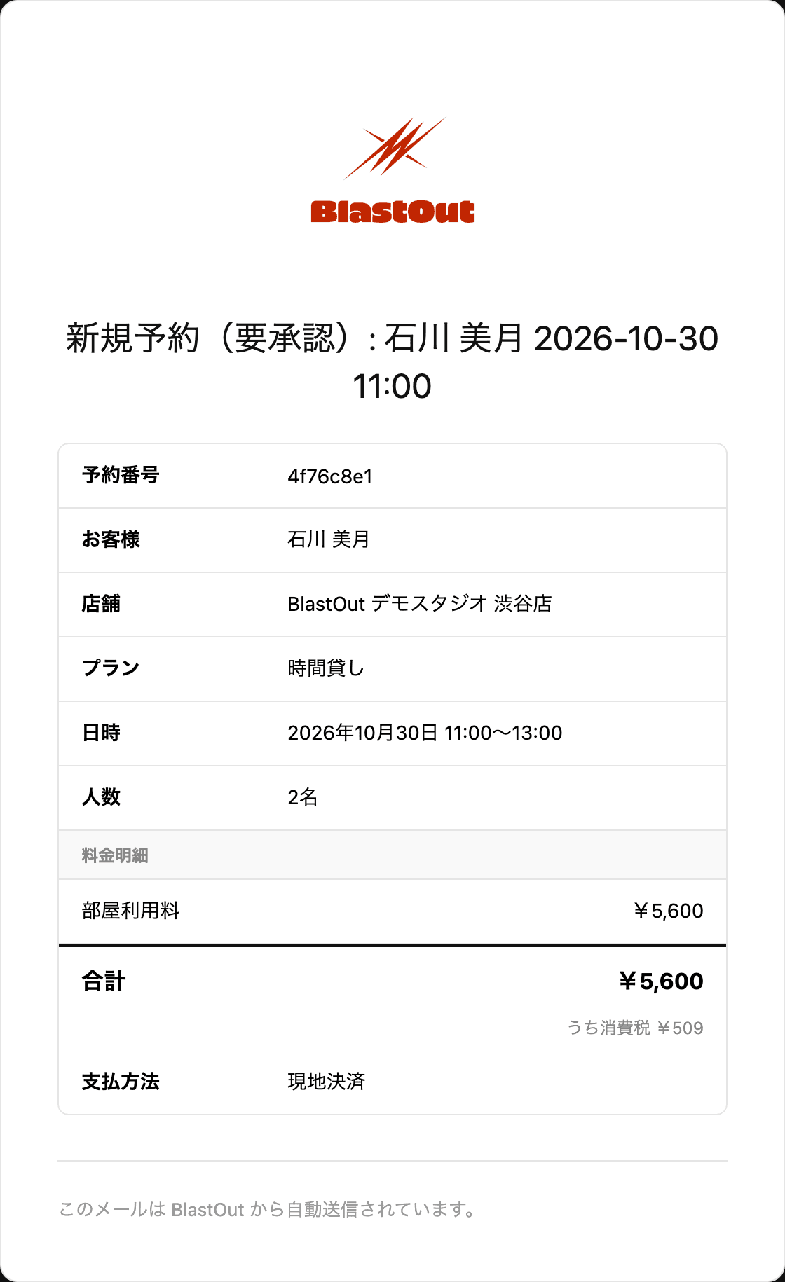 店舗に届く新規予約(要承認)のメール。予約番号・お客様・日時・料金