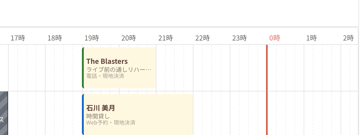 予約表のカード。表示名 The Blasters と、予約メモの 1 行目